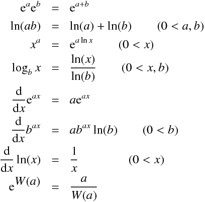 \begin{aligndat}
\mathrm{e}^a \mathrm{e}^b &=& \mathrm{e}^{a + b} \\
\ln (a b) &=& \ln (a) + \ln (b)  \qquad ( 0  <  a, b ) \\
x^a &=& \mathrm{e}^ {a \ln x} \qquad (0  <  x ) \\
\log_b x &=& \frac{\ln (x)}{\ln (b)} \qquad  (0  <  x,  b )\\
\frac{\mathrm{d}}{\mathrm{d}x} \mathrm{e}^{ax} &=& a \mathrm{e}^{ax} \\
\frac{\mathrm{d}}{\mathrm{d}x} b^{ax} &=& a b^{ax} \ln (b) \qquad (0  <  b )\\
\frac{\mathrm{d}}{\mathrm{d}x}\ln (x) &=& \frac{1}{x} \qquad \qquad (0 < x)\\
\mathrm{e}^\displaystyle{W(a)} &=& \frac{a}{W(a)}
\end{aligndat}